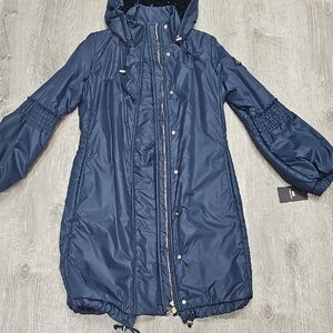Women's Navy Hooded Long Puffer Coat
